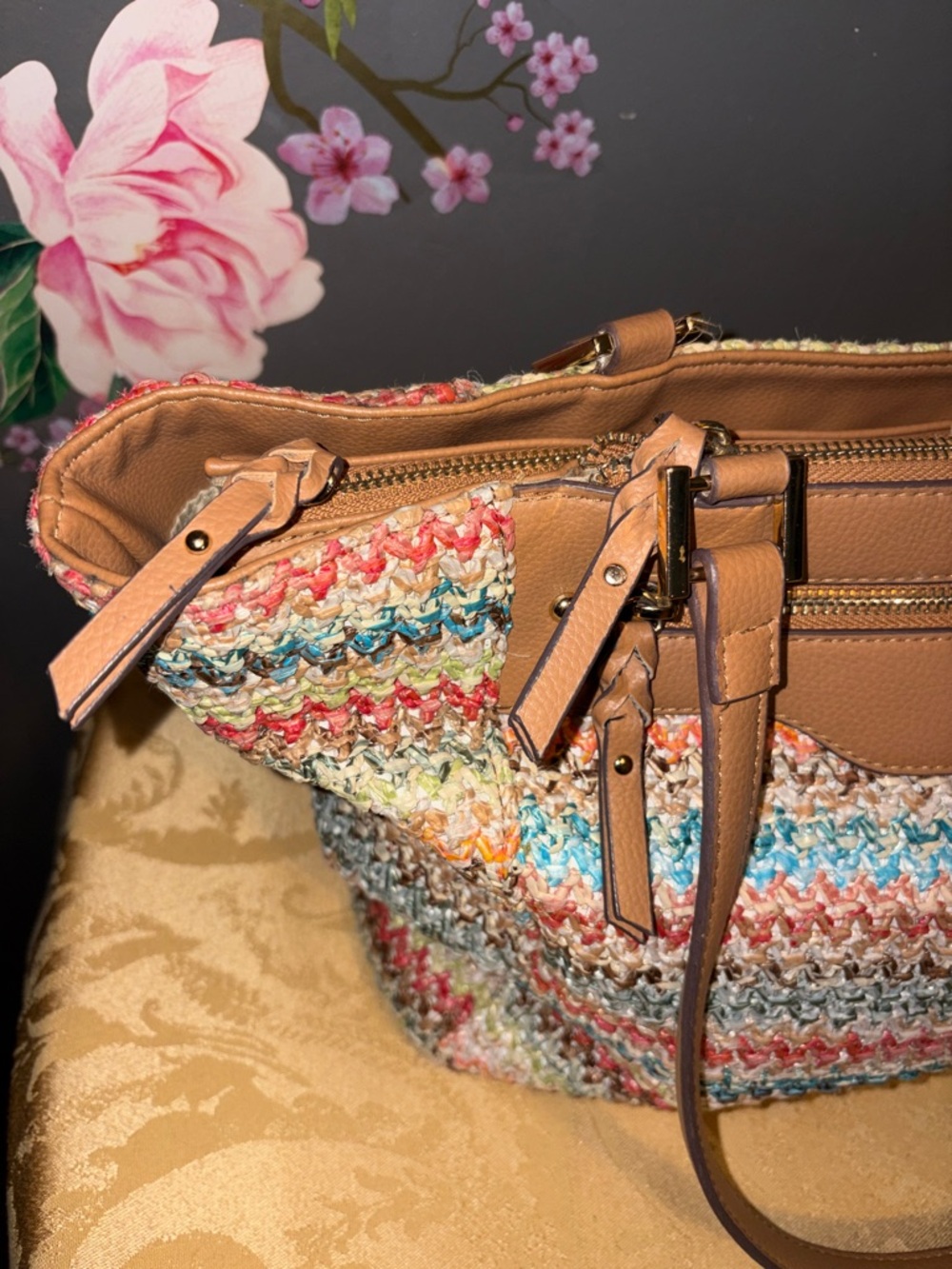 Rosetti Multicolor Crochet Tote with Tan Trim - Picture 4 of 12